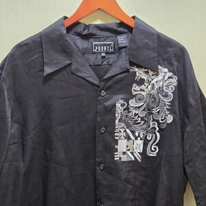 Pronti Shirt Mens 2XL Black Embroidered Graphic Short Sleeve Linen Button Up